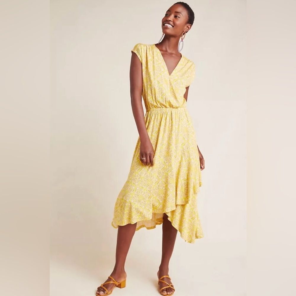 Anthropologie Mauve Yellow Fete Patterned Flowy Midi Dress Size Small
